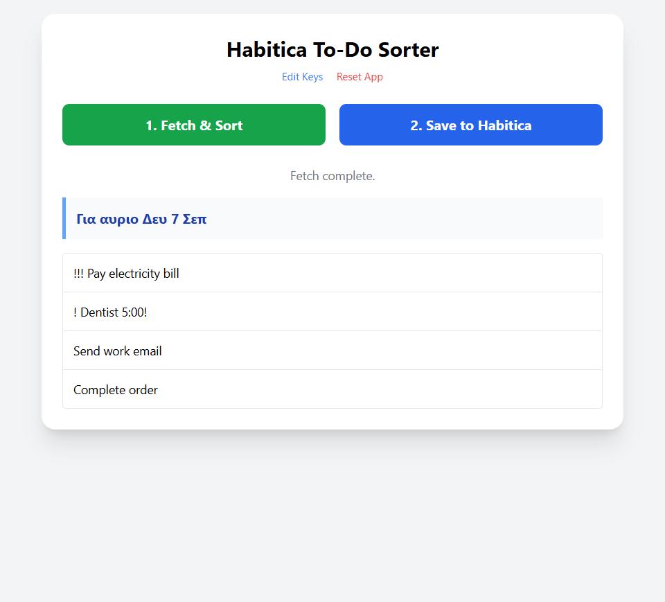 Habitica To-Do Sorter interface showing fetched and prioritized to-do items