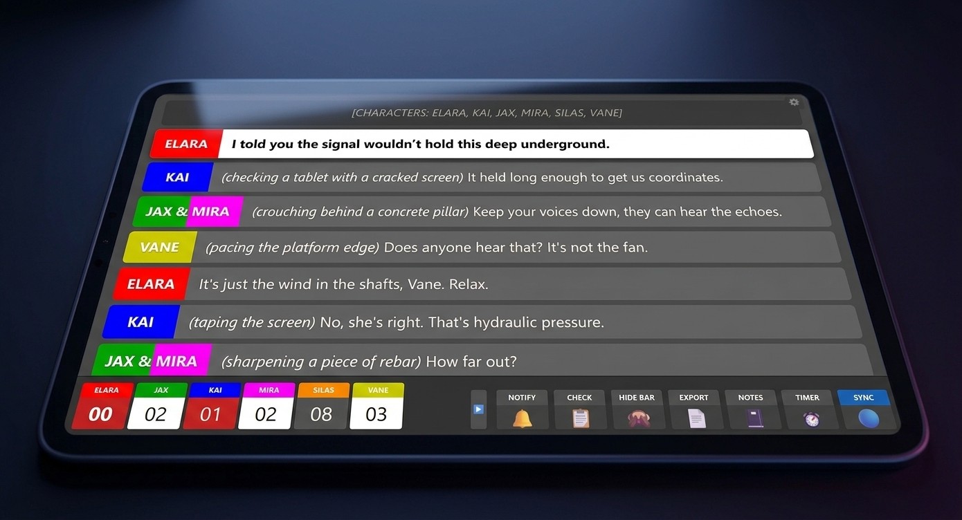 LiveRundown cue-tracking interface showing character lines and sync timers