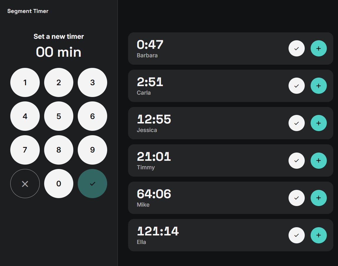 Interface of Segment Timer, with multiple timers running.