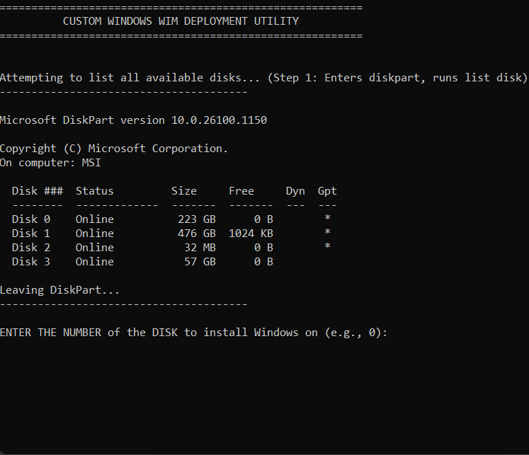 Custom Windows WIM deployment utility terminal listing available disks